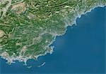 Côte d'Azur, France, True Image Satellite en couleurs. Côte d'Azur, France. Image satellite de véritable couleur de la French Riviera, situé sur la côte du sud-est de la mer Méditerranée, allant de Toulon à Menton à la frontière avec l'Italie. Cette image a été compilée à partir de données acquises par les satellites LANDSAT 5 & 7.