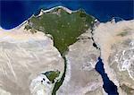 Wahre Farbe-Satellitenbild von Nil Delta, Ägypten. Echtfarben-Satellitenbild des Nildeltas. Er entsteht im nördlichen Ägypten, wo der Nil breitet sich aus und mündet in das Mittelmeer. Dieser Sumpf-Region war schon immer reich an Fauna und Flora, die umgebende Wüste kontrastiert. Bild aufgenommen am 23. August 2000 mit LANDSAT Daten.