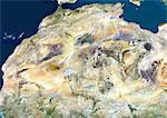 Désert du Sahara, Afrique, vraie couleur Image-Satellite. Désert du Sahara, image satellite couleur vraie. Le Sahara est le plus grand désert chaud du monde, fait de montagnes volcaniques et de sables. Image composite à l'aide de données provenant des satellites LANDSAT 5 & 7.
