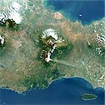 Volcan Bromo, île de Java, en Indonésie, True Image Satellite en couleurs. Image-satellite de Java en Indonésie, couleur vraie. Différents volcans sont situés dans la caldeira du Tengger 16 km de large : Bromo (2329m), au nord de ce point de vue et Semeru (3676m), un volcan très actif. Image prise le 20 août 1991, à l'aide de données LANDSAT. Impression format 30 x 30 cm.