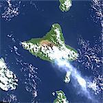 Ambrym volcan, Vanuatu, Pacifique, Image Satellite de la couleur vraie. Image-satellite île d'Ambrym, Vanuatu, couleur vraie. Volcan Ambrym est un volcan bouclier avec une caldeira de 12 km de large, avec deux cônes actifs, le Mont Benbow et Mont Maroum. Image prise le 12 septembre 1999, à l'aide de données LANDSAT. Impression format 30 x 30 cm.