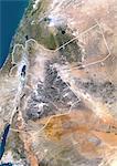 Jordanie, Moyen-Orient, Asie, True Image Satellite couleur avec bordure. Vue satellite de la Jordanie (avec bordure). Cette image a été compilée à partir de données acquises par les satellites LANDSAT 5 & 7.