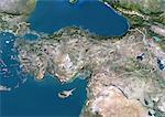 Turkey, Asia, True Colour Satellite Image With Border. Satellite view of Turkey (with border). This image was compiled from data acquired by LANDSAT 5 & 7 satellites.