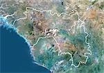 Guinée, Afrique, vraie couleur Image Satellite avec bordure. Vue satellite de la Guinée (avec bordure). Cette image a été compilée à partir de données acquises par les satellites LANDSAT 5 & 7.