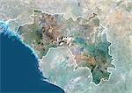 Guinea, Afrika, wahre Farbe-Satellitenbild mit Rahmen und Maske. Satellitenaufnahme von Guinea (mit Rahmen und Maske). Dieses Bild wurde aus Daten von Satelliten LANDSAT 5 & 7 erworbenen zusammengestellt.