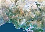 Nigeria, Afrika, wahre Farbe-Satellitenbild mit Rand. Satellitenaufnahme von Nigeria (mit Rand). Dieses Bild wurde aus Daten von Satelliten LANDSAT 5 & 7 erworbenen zusammengestellt.