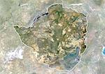 Zimbabwe, Africa, True Colour Satellite Image With Border And Mask. Satellite view of Zimbabwe (with border and mask). This image was compiled from data acquired by LANDSAT 5 & 7 satellites.