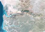 Gambia, Afrika, wahre Farbe-Satellitenbild mit Rahmen und Maske. Satellitenaufnahme von Gambia (mit Rahmen und Maske). Dieses Bild wurde aus Daten von Satelliten LANDSAT 5 & 7 erworbenen zusammengestellt.