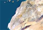 Sahara occidental, Afrique, vraie couleur Image Satellite avec bordure. Vue satellite du Sahara occidental (avec bordure). Cette image a été compilée à partir de données acquises par les satellites LANDSAT 5 & 7.