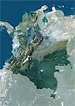 Colombie, Amérique du Sud, véritable couleur Satellite Image avec un masque. Vue satellite de la Colombie (avec un masque). Cette image a été compilée à partir de données acquises par les satellites LANDSAT 5 & 7.