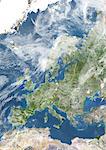 Europe With Country Borders And Cloud Coverage, True Colour Satellite Image. True colour satellite image of Europe with country borders and cloud coverage. This image in Lambert Conformal Conic projection was compiled from data acquired by LANDSAT 5 & 7 satellites.