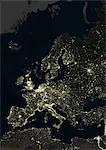 L'Europe dans la nuit, True Image Satellite de la couleur. Couleur vraie image satellite de l'Europe dans la nuit. Cette image en projection conique conforme de Lambert a été compilée à partir de données acquises par les satellites LANDSAT 5 & 7.