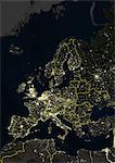 L'Europe dans la nuit avec les frontières du pays, True Image Satellite de la couleur. Couleur vraie image satellite de l'Europe dans la nuit avec les frontières du pays. Cette image en projection conique conforme de Lambert a été compilée à partir de données acquises par les satellites LANDSAT 5 & 7.