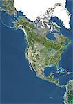 L'Amérique du Nord avec les frontières du pays et de grandes rivières, True Image Satellite en couleurs. Couleur vraie image satellite de l'Amérique du Nord avec les frontières des pays et des grands cours d'eau. Cette image en projection conique conforme de Lambert a été compilée à partir de données acquises par les satellites LANDSAT 5 & 7.