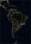 South America At Night With Borders, True Colour Satellite Image. True colour satellite image of South America at night with borders. This image in Lambert Azimuthal Equal Area projection was compiled from data acquired by LANDSAT 5 & 7 satellites.