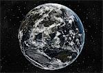 Monde centré sur l'Asie et l'Océanie, True Image Satellite en couleurs. Image satellite de véritable couleur de la terre, centrée sur l'Asie et l'Océanie avec couverture nuageuse, à l'équinoxe à 6 heures GMT. Cette image dans une projection orthographique a été compilée à partir de données acquises par les satellites LANDSAT 5 & 7.