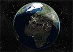 Monde centré sur l'Europe et l'Afrique, True Image Satellite en couleurs. Image satellite de véritable couleur de la terre centrée sur l'Europe et l'Afrique, pendant le solstice d'été, à 12 heures GMT. Cette image dans une projection orthographique a été compilée à partir de données acquises par les satellites LANDSAT 5 & 7.