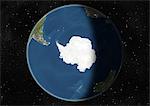 Globus am Südpol, wahre Farbe Satellitenbild im Mittelpunkt. Echtfarben-Satellitenbild der Erde während der Wintersonnenwende um 6 Uhr GMT am Südpol, im Mittelpunkt. Dieses Bild in orthogonale Projektion kompiliert wurde aus Daten von Satelliten LANDSAT 5 & 7 erworben.