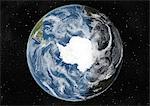 Globus am Südpol, wahre Farbe Satellitenbild im Mittelpunkt. Echtfarben-Satellitenbild der Erde zentriert am Südpol mit Wolke Abdeckung, während der Wintersonnenwende um 6 Uhr GMT. Dieses Bild in orthogonale Projektion kompiliert wurde aus Daten von Satelliten LANDSAT 5 & 7 erworben.