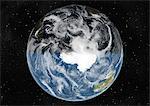 Globe Centred On The South Pole, True Colour Satellite Image. True colour satellite image of the Earth centred on the South Pole with cloud coverage, at the equinox at 12 p.m GMT. This image in orthographic projection was compiled from data acquired by LANDSAT 5 & 7 satellites.