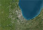 Chicago, Etats-Unis, vraie couleur Image-Satellite. Image satellite de vraies couleurs de la ville de Chicago, Illinois, USA. La ville est située sur la rive sud-ouest du lac Michigan. Image composite de 2001, à l'aide de données LANDSAT 7.