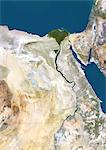 Egypte, Image Satellite couleur vraie avec bordure. Egypte, image satellite couleur vraie avec bordure. Nord est en haut. Dans le centre de l'image est le Delta du Nil, sa végétation luxuriante, suivant le chemin de la rivière. À l'est du Nil est le golfe de Suez, qui descend du côté ouest de la péninsule du Sinaï. Cette image a été compilée à partir de données acquises par les satellites LANDSAT 5 & 7.