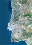 Portugal, True-Color-Satellitenbild mit Rand. Portugal. Echtfarben-Satellitenbild von Portugal mit Rand. Norden ist oben. Teil Spaniens wird auch gesehen. Lissabon (Lisboa), die Hauptstadt von Portugal, liegt auf der Nordseite der nördlichste Bucht in linken unteren Ecke. Der Atlantik ist im Westen gesehen. Das Bild verwendet Daten von Satelliten LANDSAT-5-&-7.