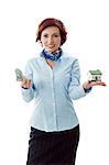 Beautiful young woman holding money and house model over white - real estate loan concept