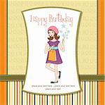 pretty girl with gift and flowers. birthday card