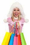 Winter shopping woman happy excited smiling holding bags