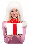 happy smile woman hold gift box isolated over white background