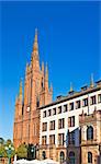 The Marktkirche's neo-Gothic steeple dominates the city hall of Wiesbaden, Hesse, Germany.