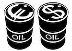 Iron drums of petroleum products and images on them currency symbols. Black and white illustration.
