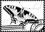 Postage stamp with a picture of a butterfly stamp and mail. Black and white illustration.