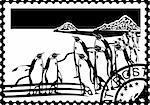 Postage stamp with a picture of penguins and postal stamp. Black and white illustration.