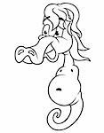 Sea Horse - Black and White Cartoon Illustration, Vector