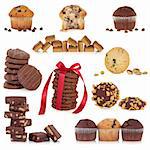Large collection of chocolate cookies, biscuits, candy and muffin cakes isolated over white background.