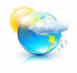 Vector illustration of cool single weather icon â?? blue globe with sun, raincloud and raindrops