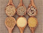 Cereal and grain selection of bulgur wheat, buckwheat, couscous, rye grain and brown and wild rice in olive wood spoons on hessian sacking background.