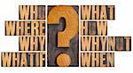 brainstorming or decision making concept - who, what, where, when, why, how, whatif and why not questions - a collage of isolated words in vintage letterpress wood type