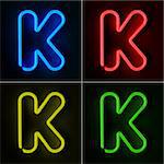 Highly detailed neon sign with the letter K in four colors