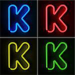 Highly detailed neon sign with the letter K in four colors