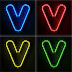 Highly detailed neon sign with the letter V in four colors