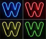 Highly detailed neon sign with the letter W in four colors