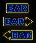 Neon bar sign with and without arrows over black background