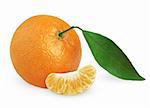 Tangerine with leaf and slice isolated on a white background