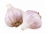 Closeup of two purple garlic isolated on white background