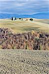 Tuscan landscape in winter, Val d'Orcia (Italy). In the background the little church "Cappella della Madonna di Vitaleta".