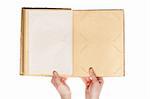 Opened vintage photo album in hands isolated on white background