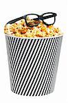 Popcorn in a box with HD cinema glasses on white background